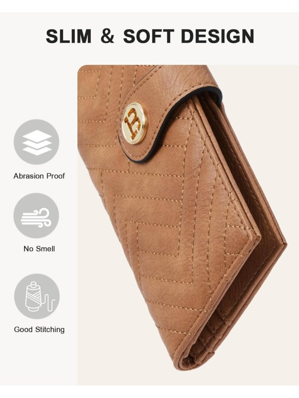 New Leather RFID Blocking Slim Wallet for Women - Bifold Zipper Pocket in Camel - Picture 6 of 6